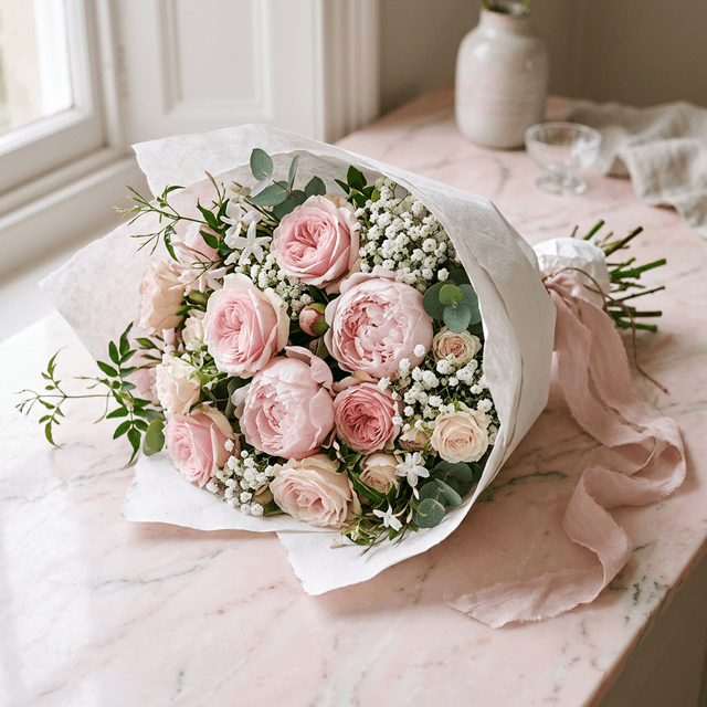 Beautiful bouquet of pink roses and peonies